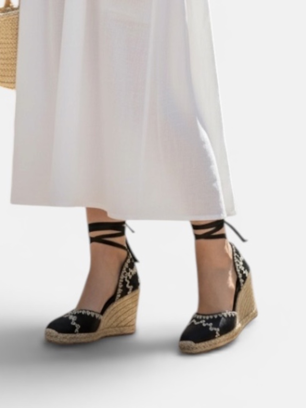 ALTUZARRA Castañer Black Leather Ankle Tie Espadrille Wedge Sandals 38 8